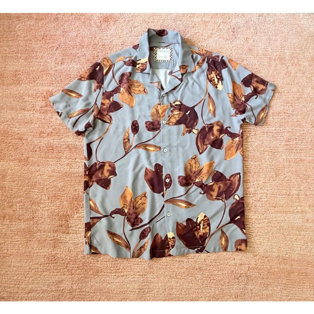 Denim & Flower Ricky Singh Men’s M Blue Brown Floral 100% Viscose Camp Hawaiian